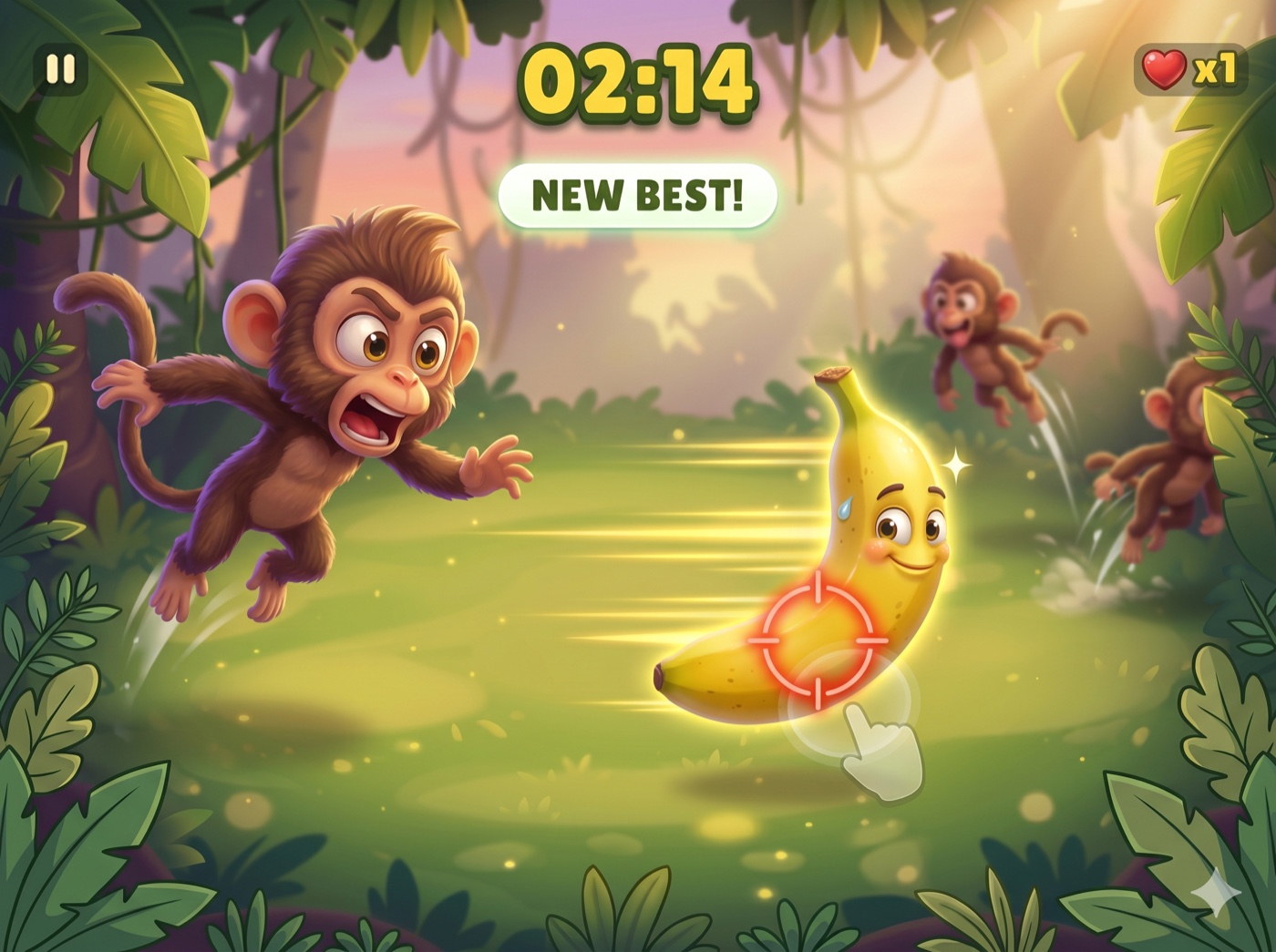 BananaThief gameplay: a wide-eyed banana being chased by a leaping cartoon monkey, with a target reticle locked on and a NEW BEST! badge above.